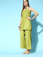 Thumbnail for Ode by House of Pataudi Lime Green & Golden Ethnic Motif Print Kurta Set - Distacart