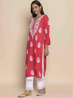 Thumbnail for HOUSE OF KARI Floral Chikankari Embroidered Notched Round Neck Straight Kurta - Distacart