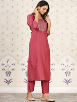 Thumbnail for Ode by House of Pataudi Ethnic Motifs Foil Printed Sequined Straight Kurta with Trousers - Distacart