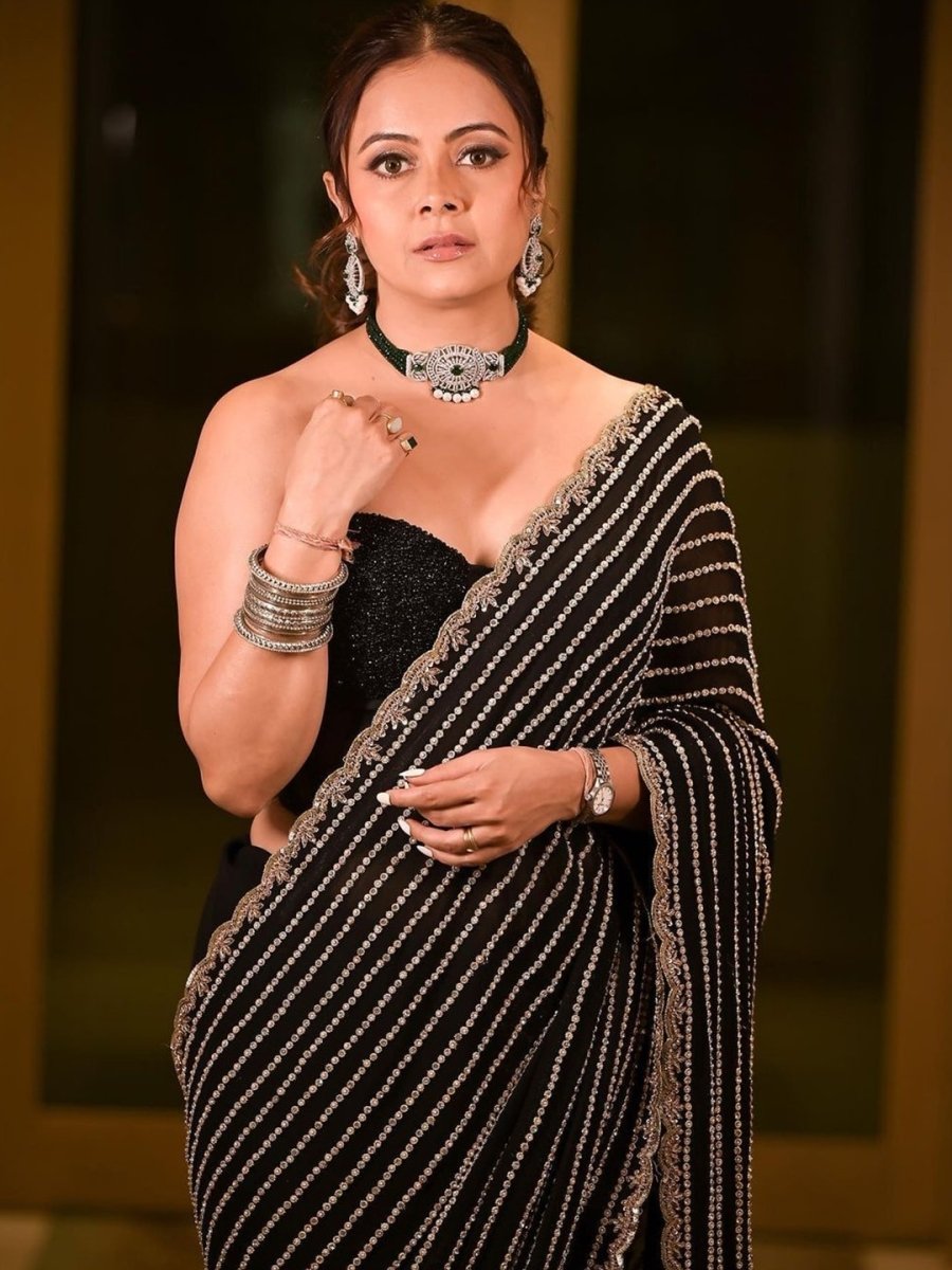 Anouk Black & Gold-Toned Sequin Embellished Georgette Saree - Distacart