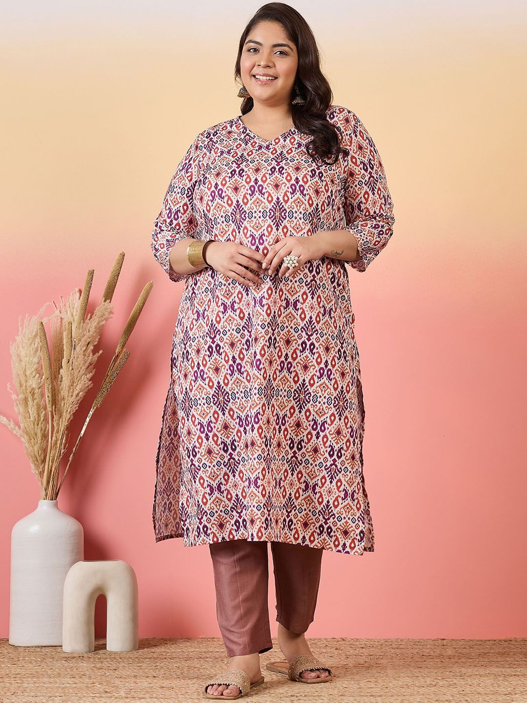 Sztori Plus Size Ethnic Motifs Printed V-Neck Crepe Straight Kurta - Distacart