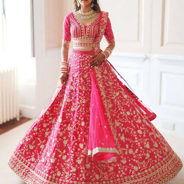 Jyoti Fashion Gajri Red Zari and Sequins Embroidered Malai Satin Silk Lehenga Choli with Dupatta - Distacart