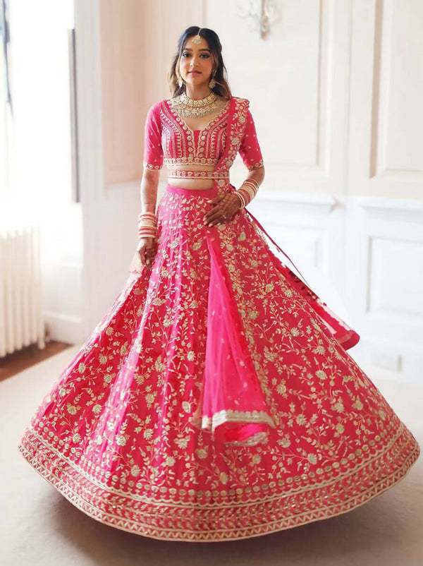 Jyoti Fashion Gajri Red Zari and Sequins Embroidered Malai Satin Silk Lehenga Choli with Dupatta - Distacart