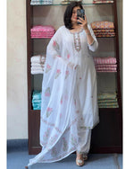 Thumbnail for The52 White Women's Gorgeous Georgette Butti Fabric Embroidered Work Straight Kurta Pant and Dupatta Set - Distacart