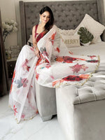 Thumbnail for Anouk White & Maroon Floral Printed Organza Saree - Distacart
