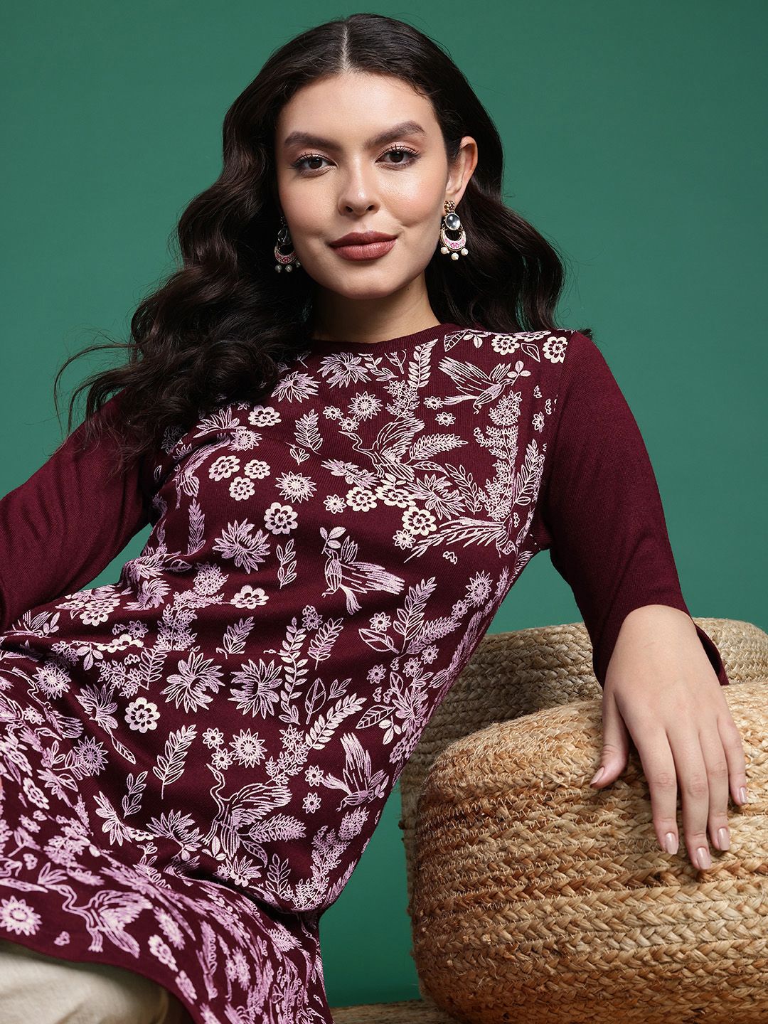 Sangria Floral Printed Knitted Kurta - Distacart