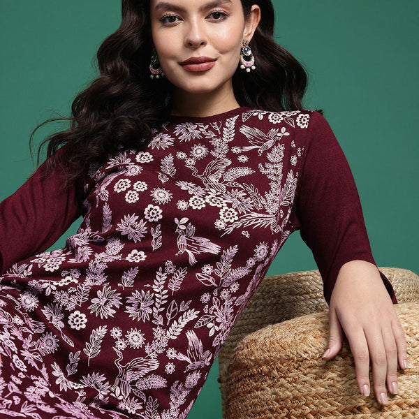 Sangria Floral Printed Knitted Kurta - Distacart