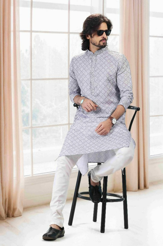 Raivat Ethnic Cotton Thread Work Kurta Pajama In Grey Colour - Dista