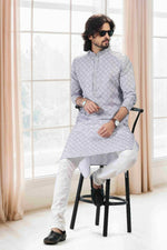 Thumbnail for Raivat Ethnic Cotton Thread Work Kurta Pajama In Grey Colour - Dista