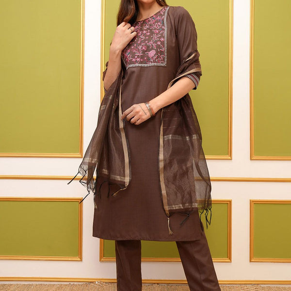 Vishudh Brown Ethnic Motifs Embroidered Kurta & Trousers With Dupatta - Distacart