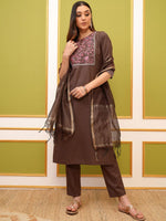 Thumbnail for Vishudh Brown Ethnic Motifs Embroidered Kurta & Trousers With Dupatta