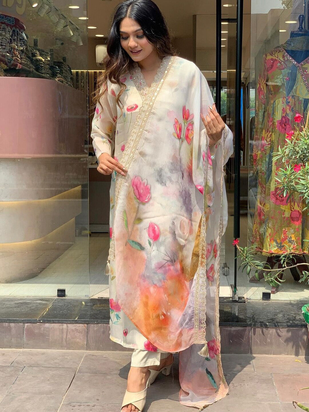 Kalini Floral Printed Sequinned Straight Kurta With Trouser & Dupatta - Distacart