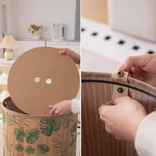 HOKIPO Eco-Friendly Foldable Bamboo Laundry Basket Hamper with Lid - Tropical Leaves - Dista