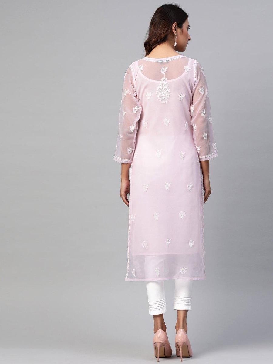 ADA Women Pink & White Chikankari Embroidered Handloom Kurta with Trousers - Distacart