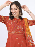 Thumbnail for Vishudh Women Rust Ethnic Motifs Printed Angrakha Pure Cotton Kurta with Palazzos & With Dupatta