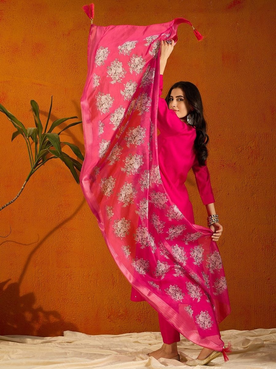 Anouk Ethnic Motifs Embroidered Regular Beads and Stones Chanderi Silk Straight Kurta Set