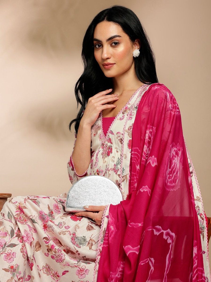 Anouk Cream Floral Printed V-Neck Pure Cotton Anarkali Kurta with Trousers & Dupatta