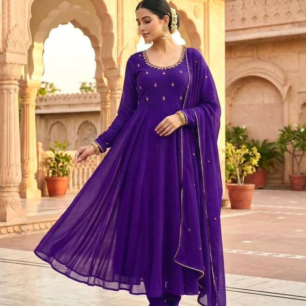 Teeya Creation Womens New Fancy Fox Georgette Heavy Quality Fabricw With Handwork Purple Gown Set - Dista