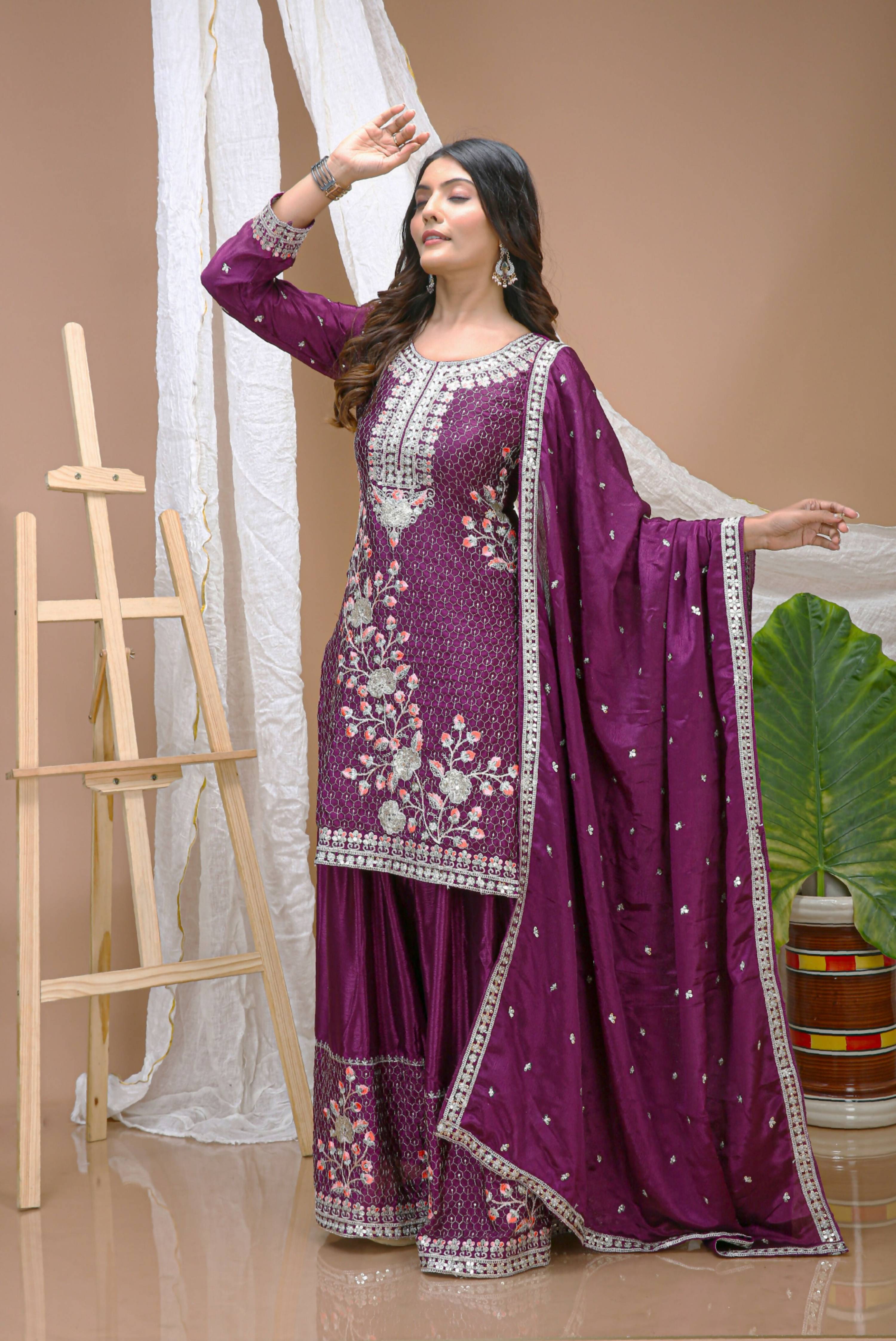 Lehenga Mart Designer Sharara Suit With Kurta, Sharara, Dupatta For Women-Wine - Distacart