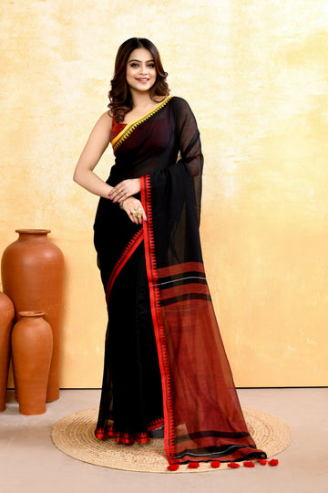 Piyari Fashion Women's Black Embellished Handloom Cotton Saree - Distacart