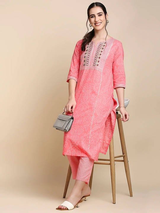 Anubhutee Pink & White Pure Cotton Bandhani Print Kurta with Trousers - Distacart