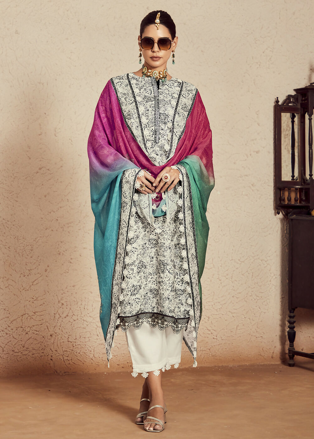 Off White Muslin Cotton Digital Print & Embroidered Salwar Suit - Emponline - Distacart