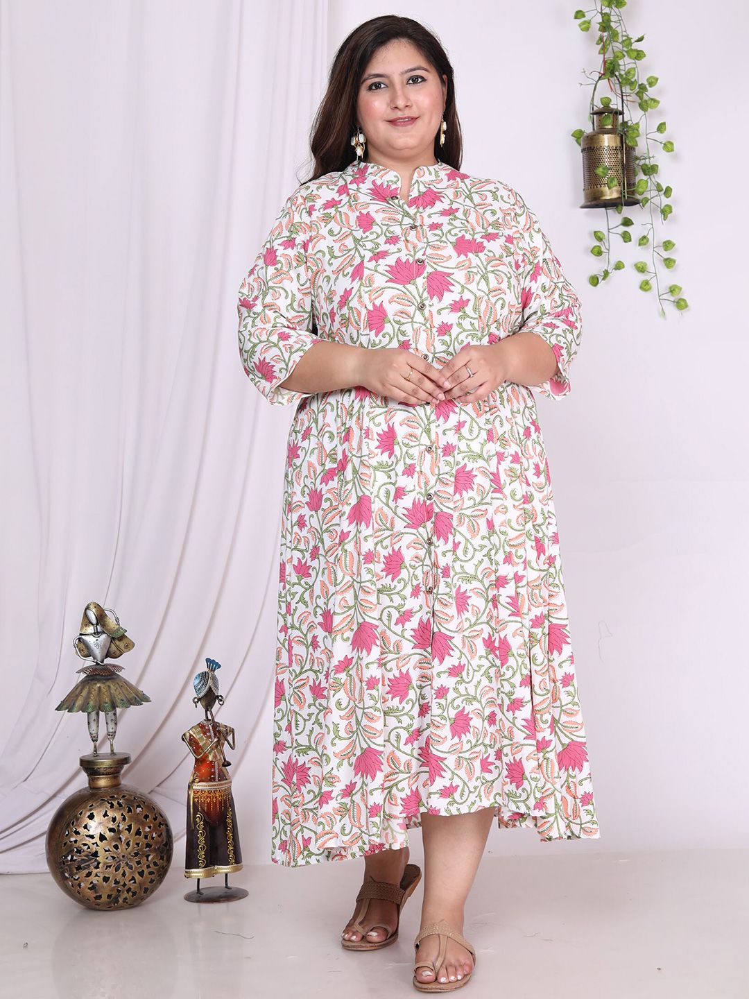 Swasti Floral Printed Mandarin Collar A-Line Maxi Ethnic Dress - Distacart