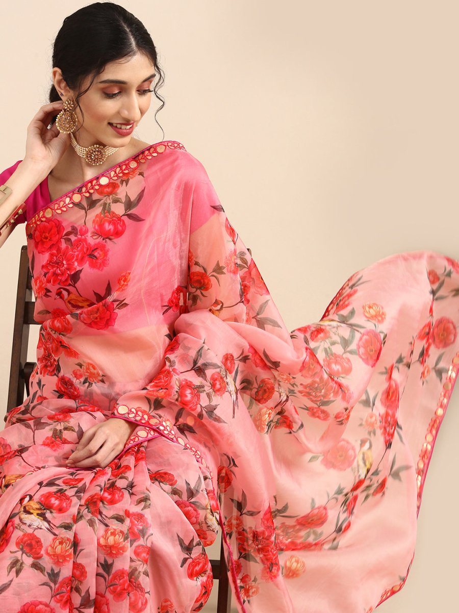 Anouk Pink Floral Printed Organza Saree - Distacart
