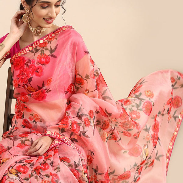 Anouk Pink Floral Printed Organza Saree - Distacart