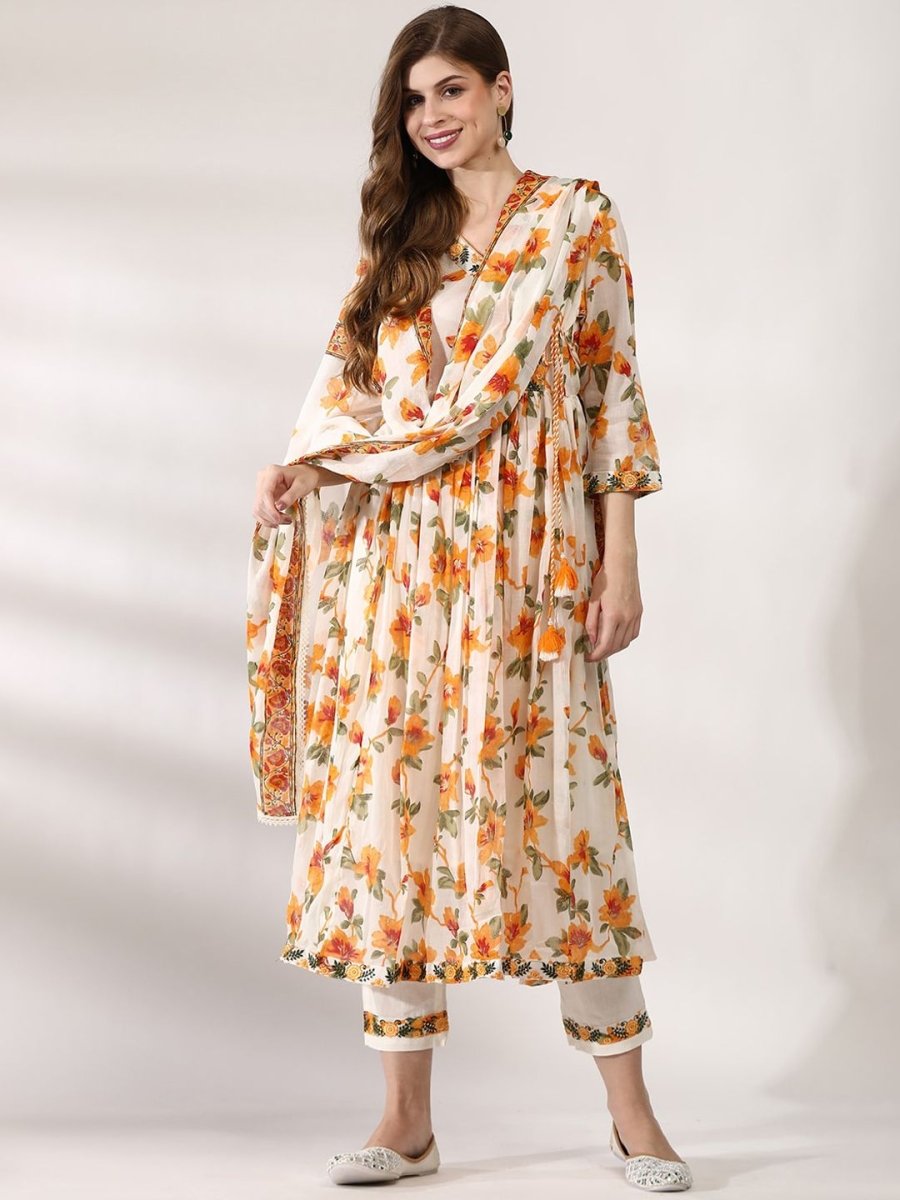 Anouk Floral Printed Angrakha Pure Cotton Straight Kurta with Trousers & Dupatta - Distacart