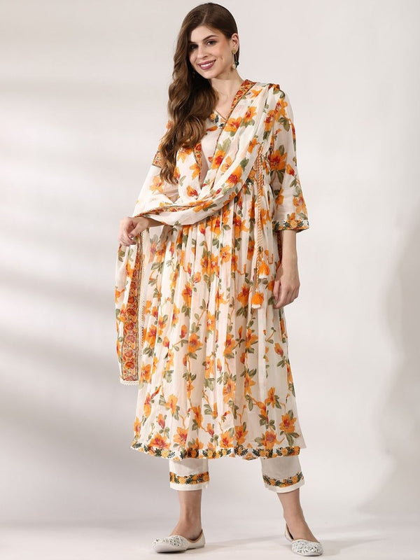 Anouk Floral Printed Angrakha Pure Cotton Straight Kurta with Trousers & Dupatta