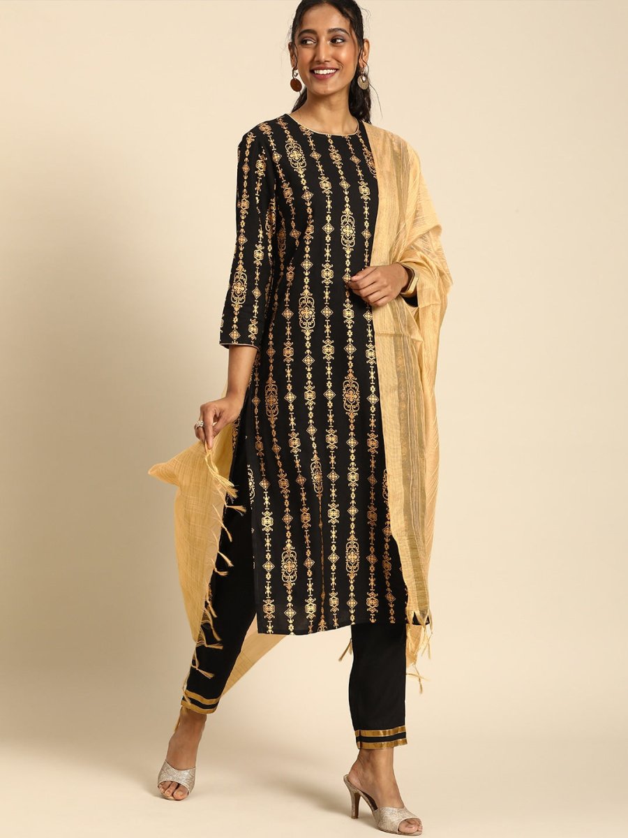 All About You Women Black Ethnic Motifs Printed Regular Kurta with Trousers & With Dupatta - Distacart