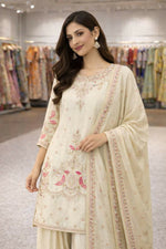 Thumbnail for Teeya Creation Cream Chinnon Designer Embroidery Work Party Wear Salwar Suit - Distacart