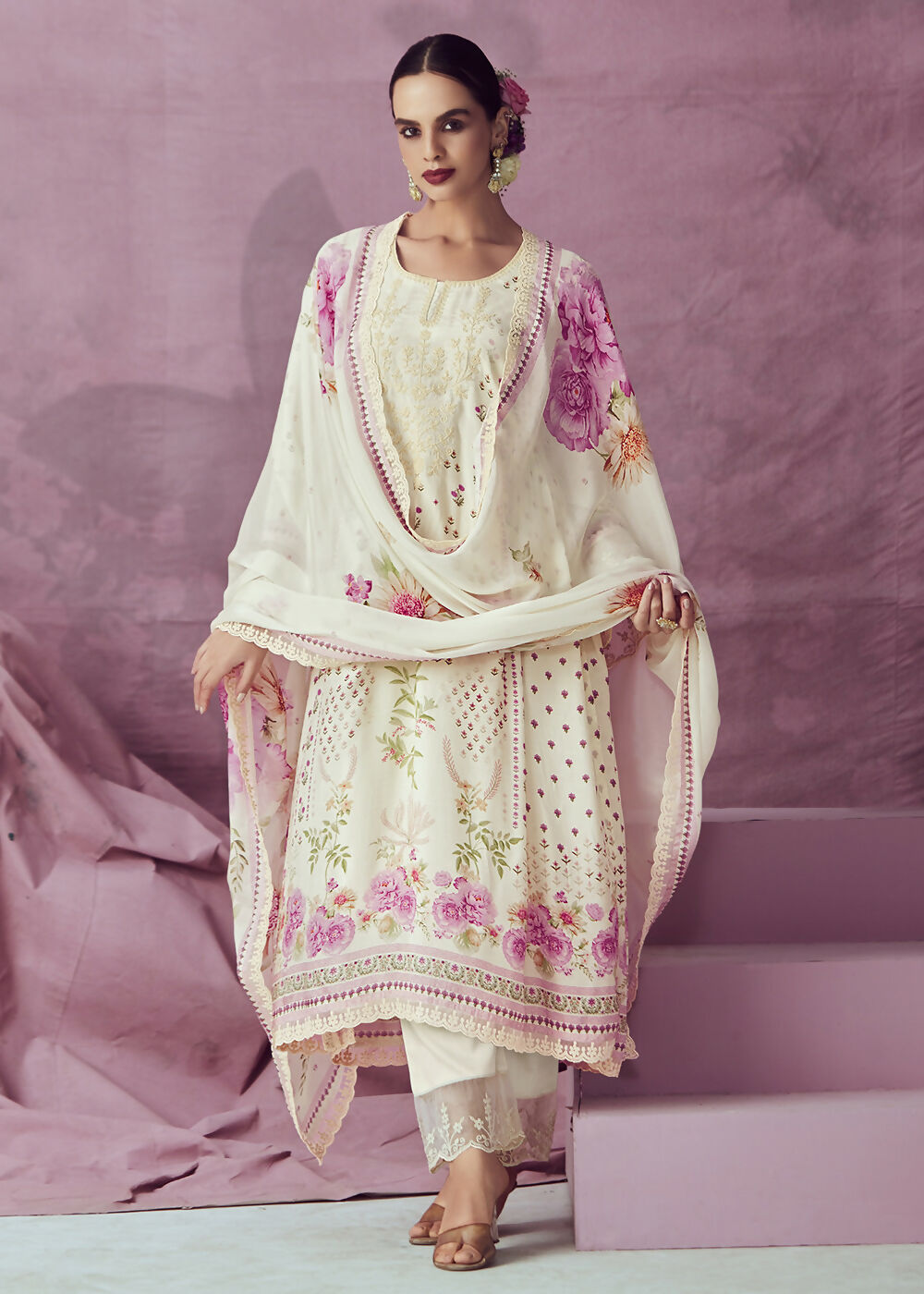 Ivory & Pink Muslin Cotton Printed Trendy Salwar Kurta Set - Emponline - Distacart