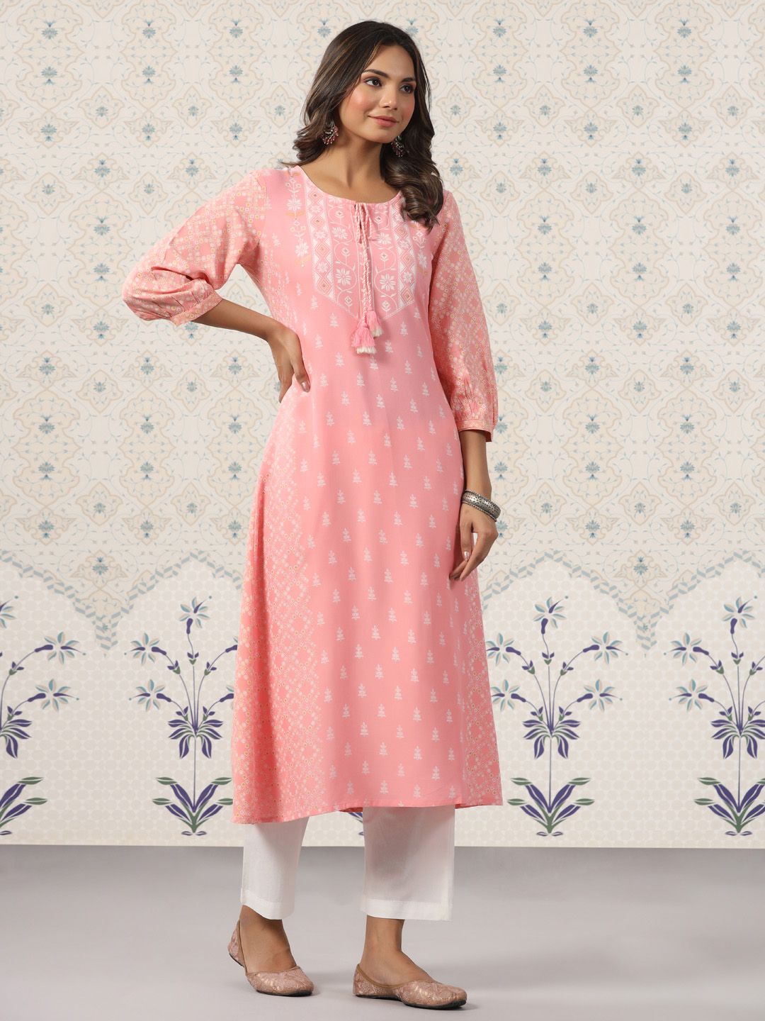 Ode by House of Pataudi Ethnic Motif Printed Tie Up Neck A-Line Kurta With Trousers - Distacart