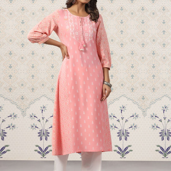 Ode by House of Pataudi Ethnic Motif Printed Tie Up Neck A-Line Kurta With Trousers - Distacart