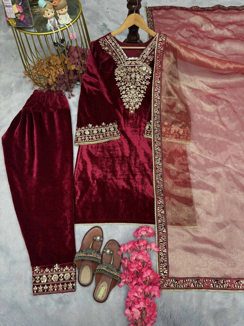Teeya Creation Red Color Velvet Designer Embroidery Work party Wear Suit