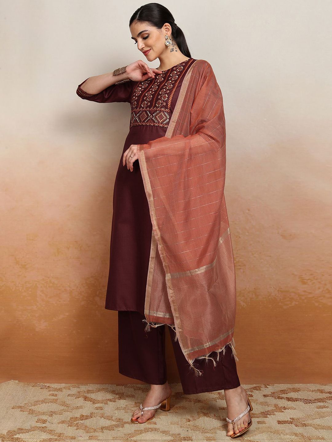 Vishudh Embroidered Rund Neck Straight Kurta & Palazzos With Dupatta