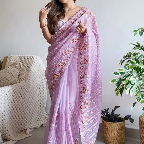 Anouk Mauve-Coloured Ethnic Motifs Embroidered Sequinned Organza Saree - Distacart