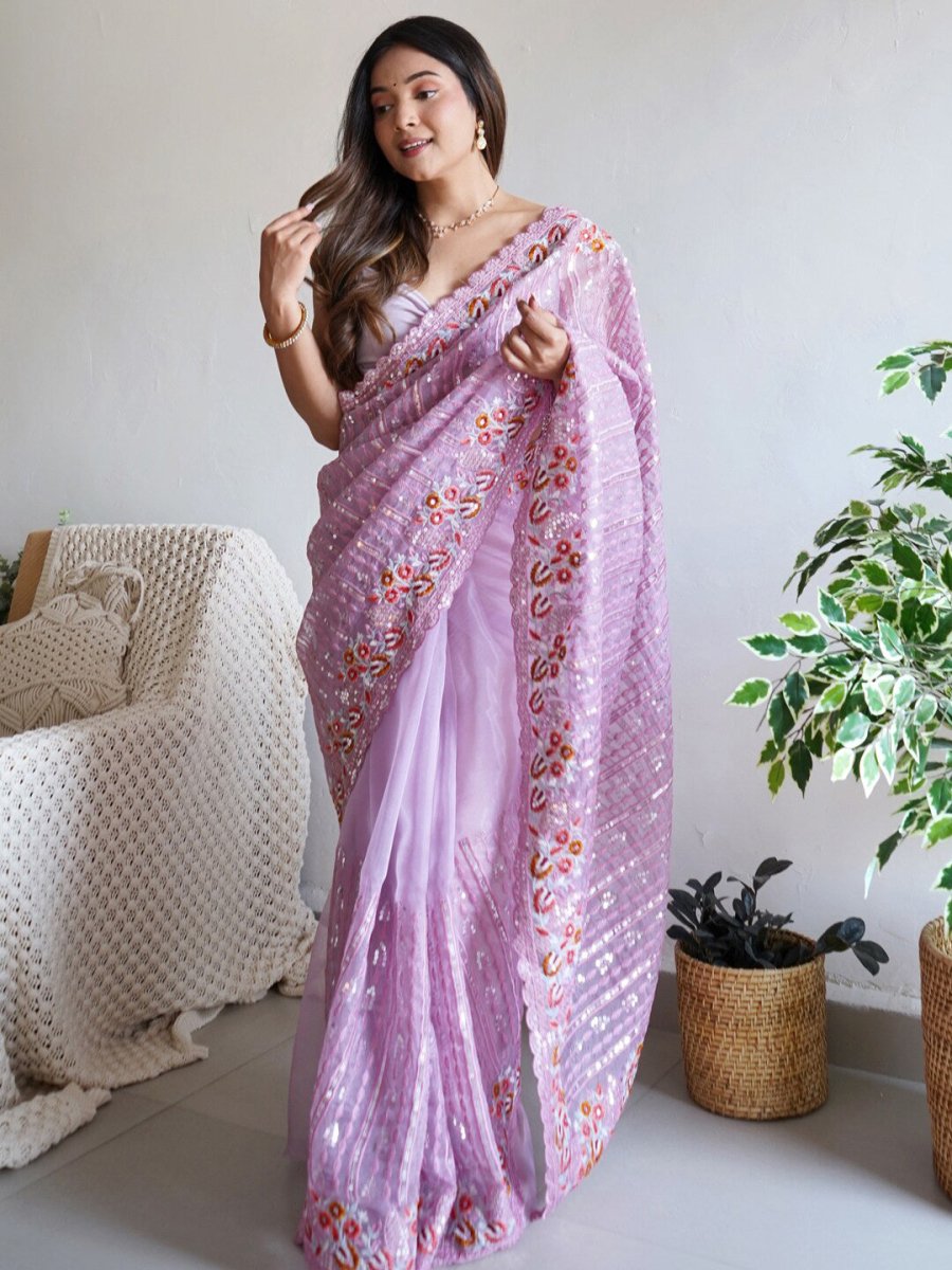 Anouk Mauve-Coloured Ethnic Motifs Embroidered Sequinned Organza Saree - Distacart