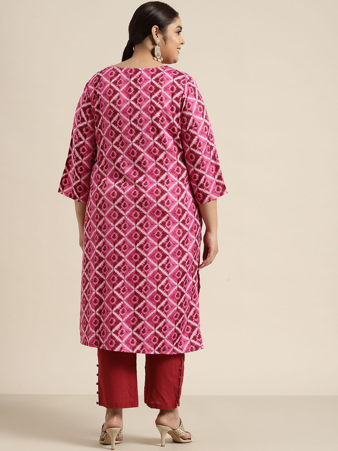 Sztori Women Plus Size Pink & Off White Printed Kurta