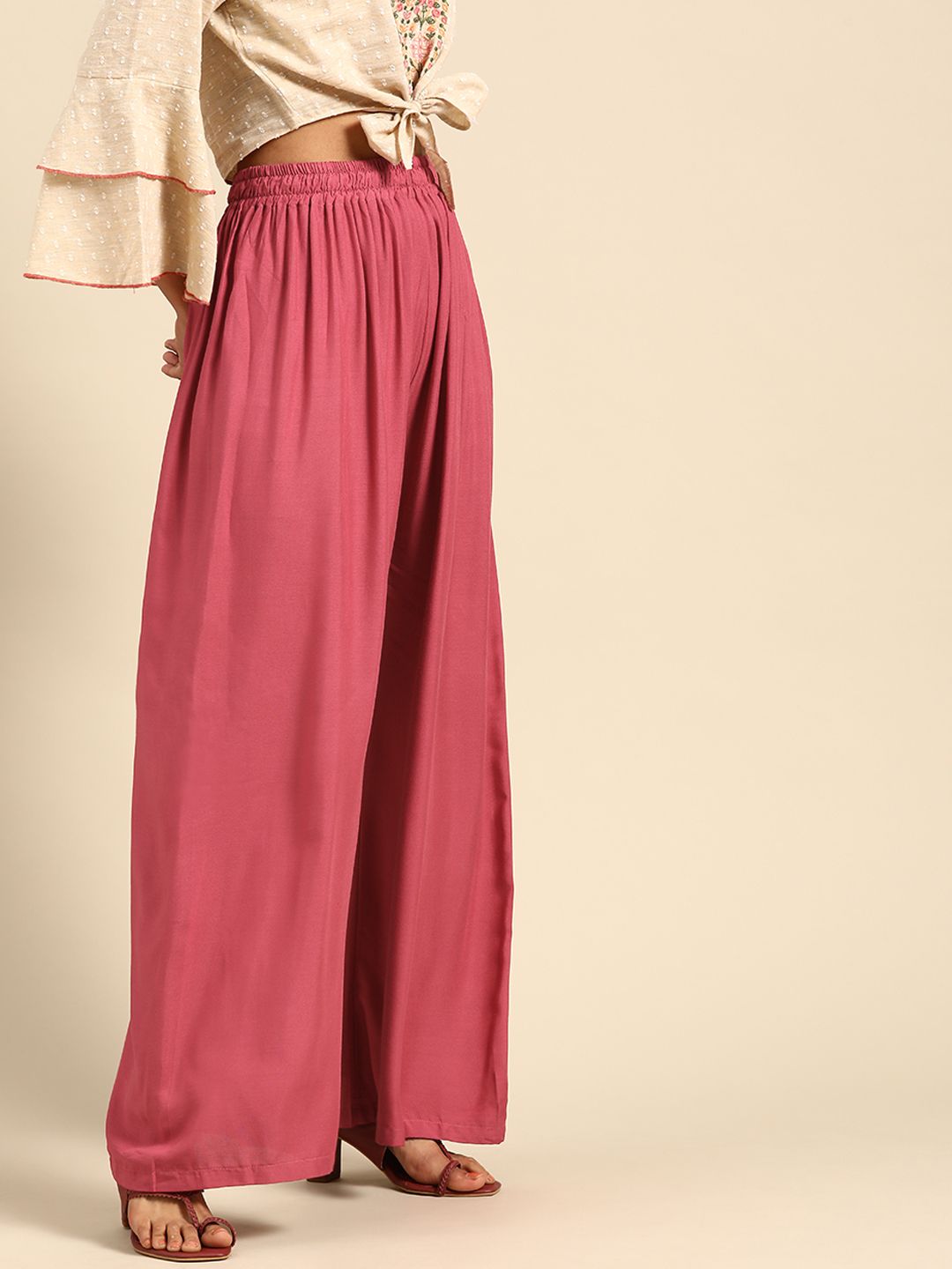 TAG 7 Women Pink Solid Wide Leg Palazzos - Distacart