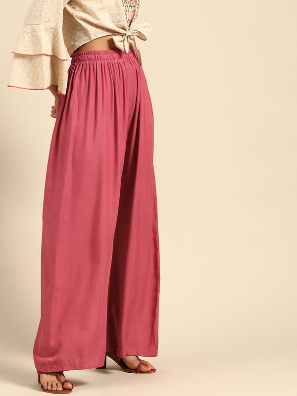 TAG 7 Women Pink Solid Wide Leg Palazzos