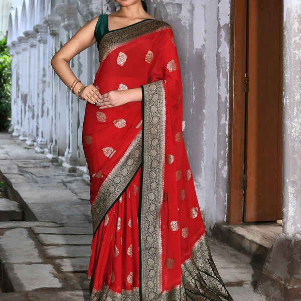 Joban Fashion Red Crepe Chiffon Pure Handloom Banarasi Silk Saree