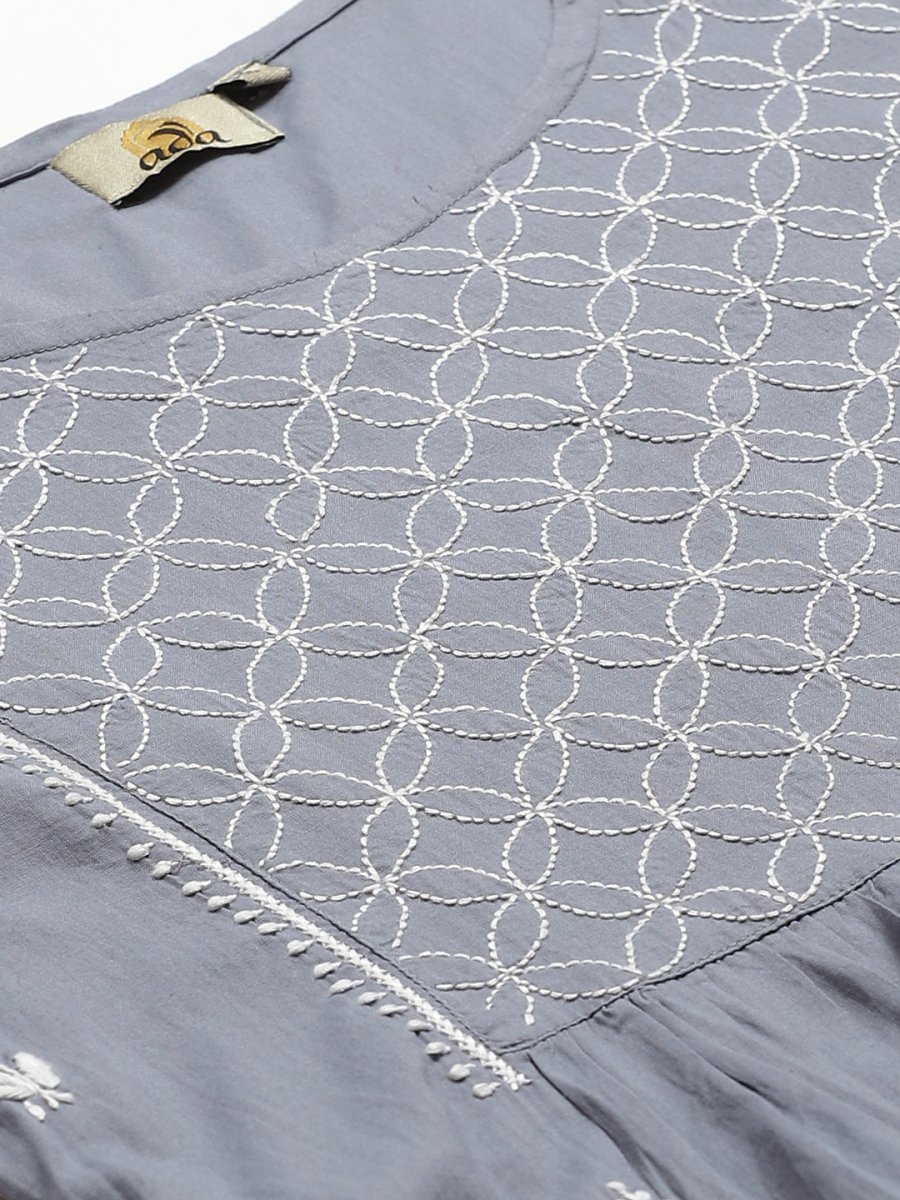 ADA Women Grey & White Chikankari Embroidered Sustainable Handloom Kurta with Trousers - Distacart