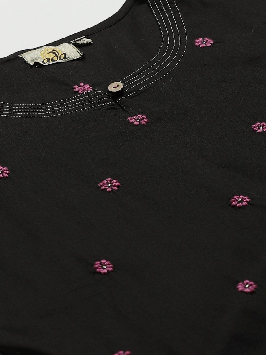 ADA Women Black & Pink Chikankari Embroidered Sustainable Handloom Kurta with Trousers - Distacart