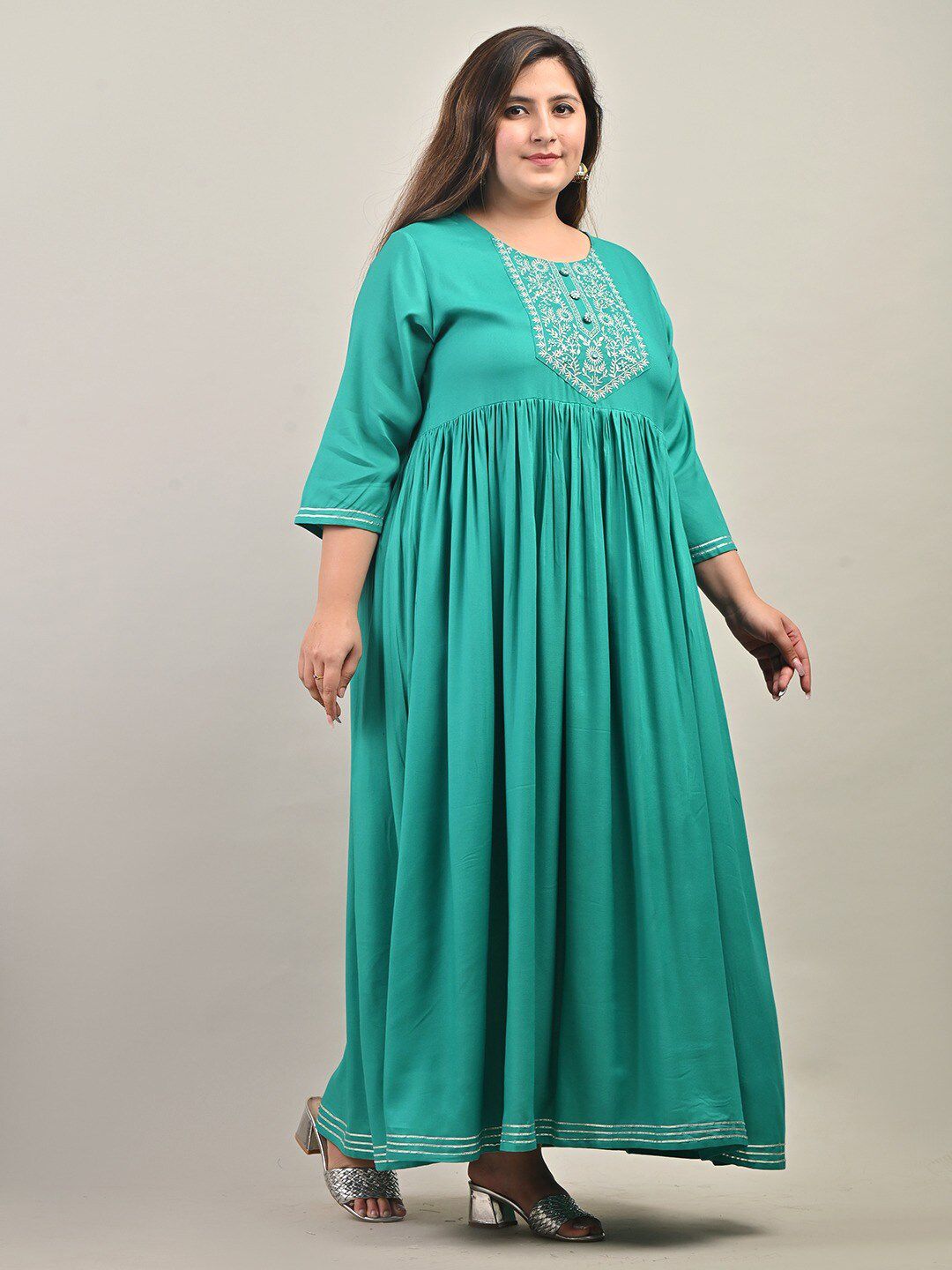 Swasti Plus Size Round Neck Gathered Ethnic Motifs Embroidered Gown Dress