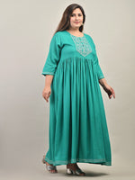 Thumbnail for Swasti Plus Size Round Neck Gathered Ethnic Motifs Embroidered Gown Dress