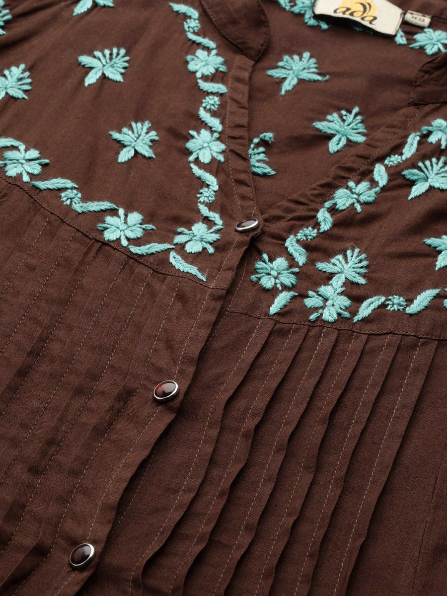 ADA Women Brown & Green Chikankari Embroidered Handloom Kurta with Trousers - Distacart