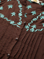 Thumbnail for ADA Women Brown & Green Chikankari Embroidered Handloom Kurta with Trousers - Distacart